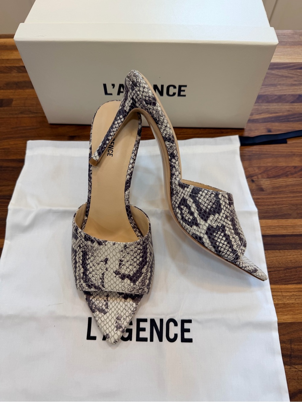 NEW - L’agence Lolita Snake-print Leather Open-Toe Mule - 39